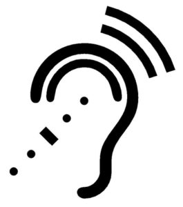 Black symbol of an ear with hearing assistance markings