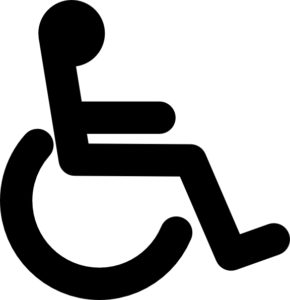Simply black drawing of a stick figure in a wheelchair